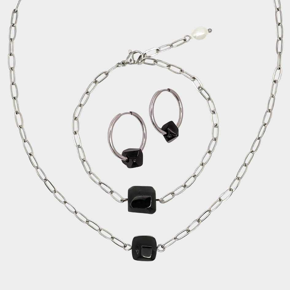 3x-Turmalin-Energie-Schmuckset Silber